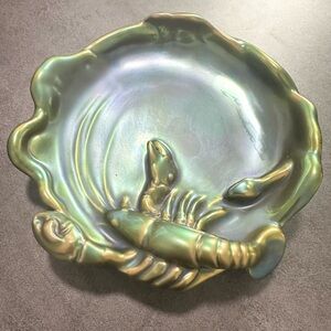 Vintage Zsolnay Hungary Eosin Iridescent Green Lobster 7 Snake Hand Painted Dish